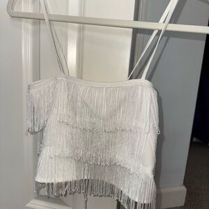 White Fringe Spaghetti Strap Crop Top - Women's